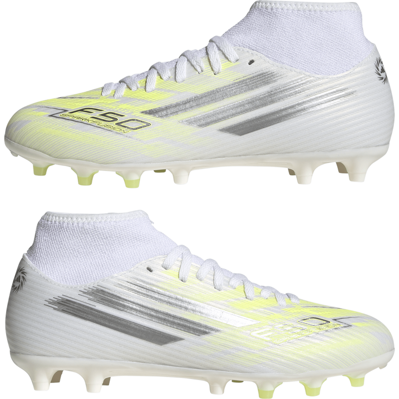 Women's F50 Sparkfusion Club FG/AG, Adidas Women's F50 Sparkfusion Club FG/AG in White/Iron Metallic/Hi-Res Yellow pair left and right profile