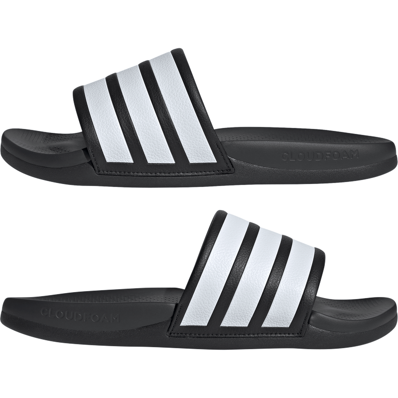 Men's Adilette Comfort 2.0, Adidas Men's Adilette Comfort 2.0 in Core Black/White/Carbon pair left and right profiles
