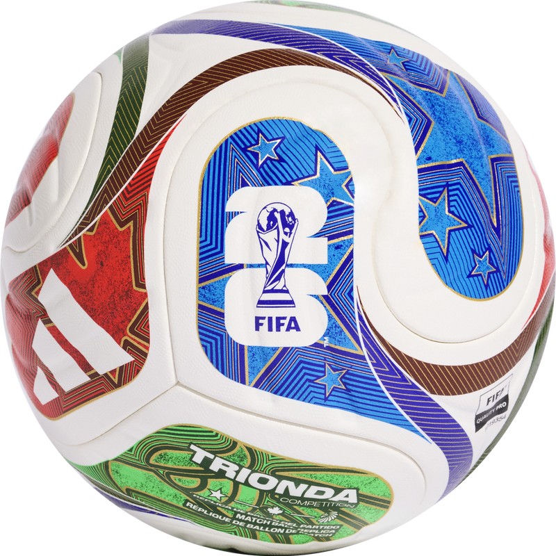 World Cup Trionda Competition Ball, Adidas World Cup Trionda Competition Ball in White/Solar Blue/Hi-Res Red/Flash Lime FIFA graphic