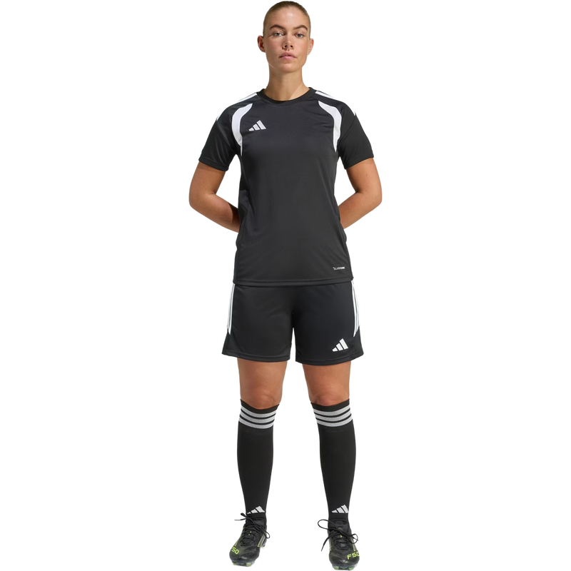 Women's Tiro 26 Jersey, Women's Tiro 26 Jersey in Black White full body front view on model
