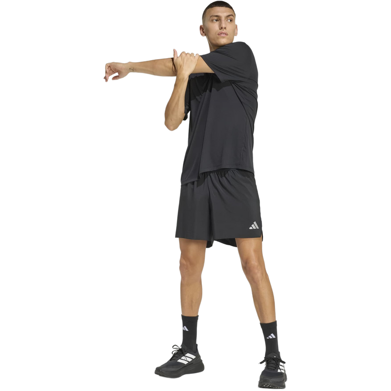 Men's Run Essentials Tee, Adidas Men's Run Essentials Tee in Black full body view on model