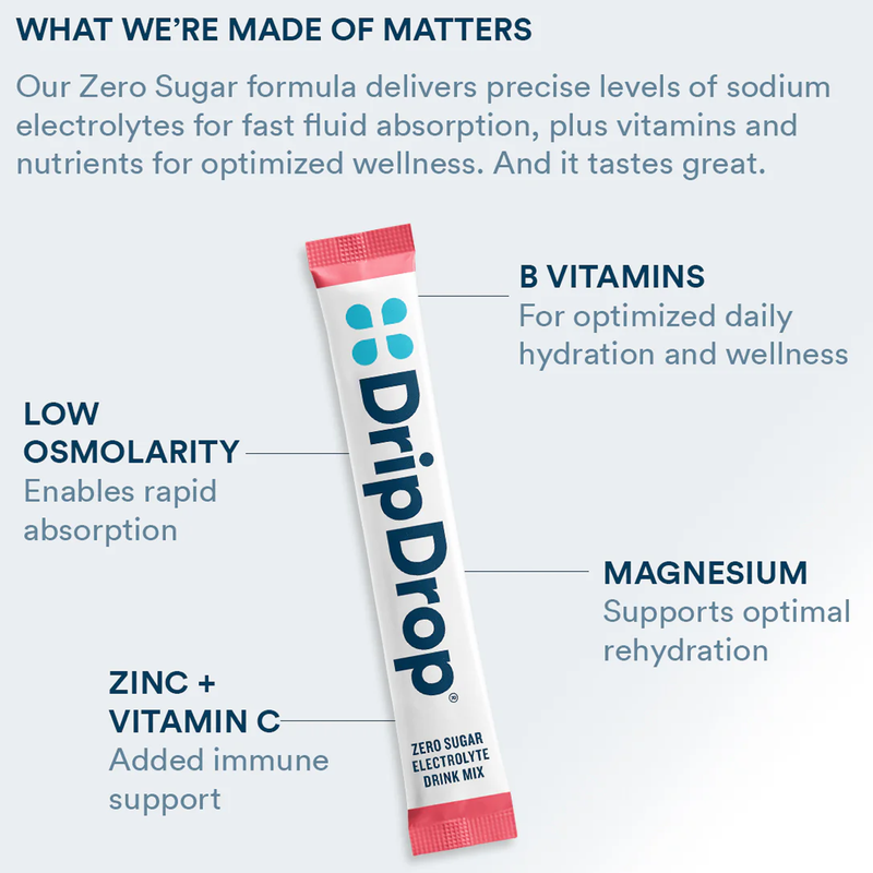 Zero Sugar Electrolyte Drink Mix (8 Servings), DripDrop Zero Sugar Electrolyte Drink Mix ORS formula