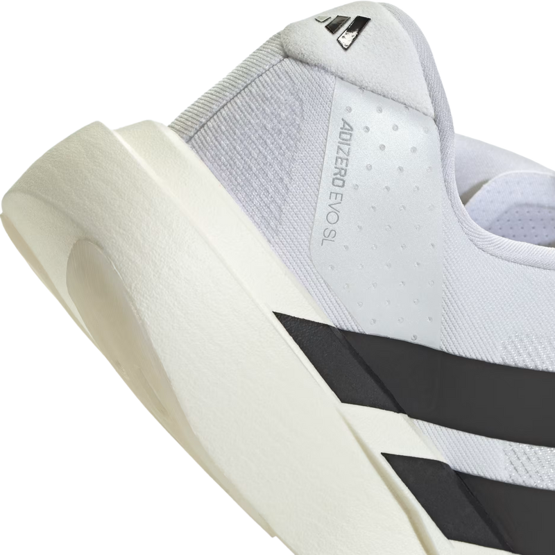 Women's Adizero Evo SL, Adidas Women's Adizero Evo SL in White/Core Black right profile heel