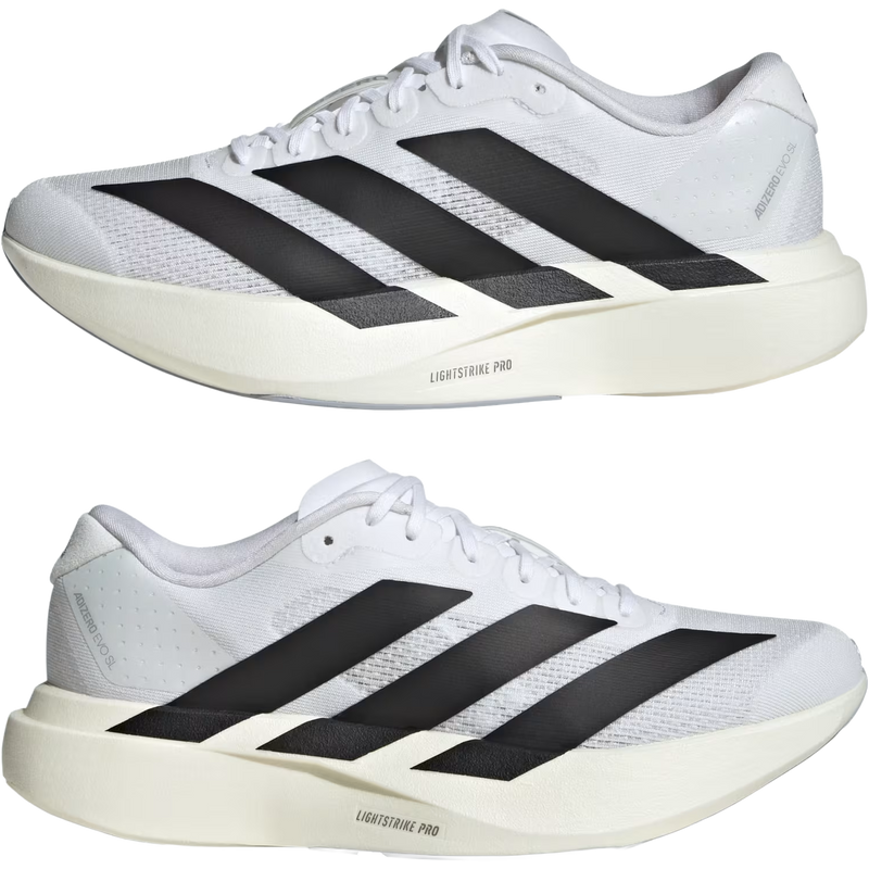 Women's Adizero Evo SL, Adidas Women's Adizero Evo SL in White/Core Black right profile pair right and left