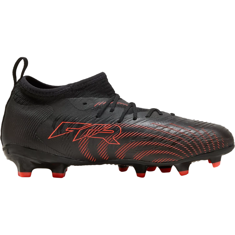 Youth Future 9 Match FG/AG, Puma Youth Future 9 Match FG/AG in 02-Puma Black/Glowing Red/Strong Gray inside profile of left shoe