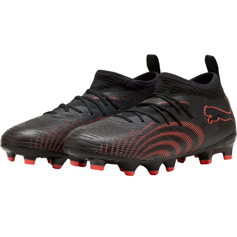 Youth Future 9 Match FG/AG, Puma Youth Future 9 Match FG/AG in 02-Puma Black/Glowing Red/Strong Gray pair front left