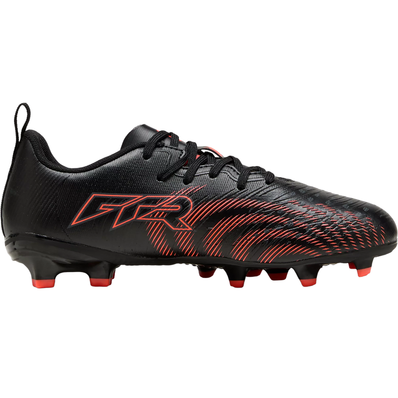 Youth Future 9 Play FG/AG, Puma Youth Future 9 Play FG/AG in 02-Puma Black/Glowing Red/Strong Gray inside profile of left shoe