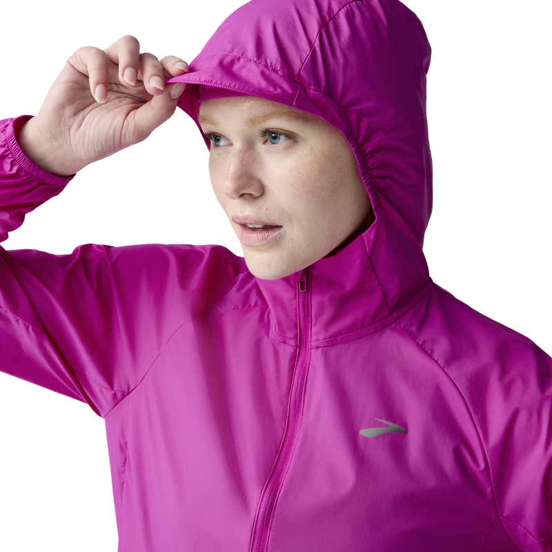 Women's Canopy Packable Jacket, Brooks Women's Canopy Packable Jacket in 588-Magenta hood
