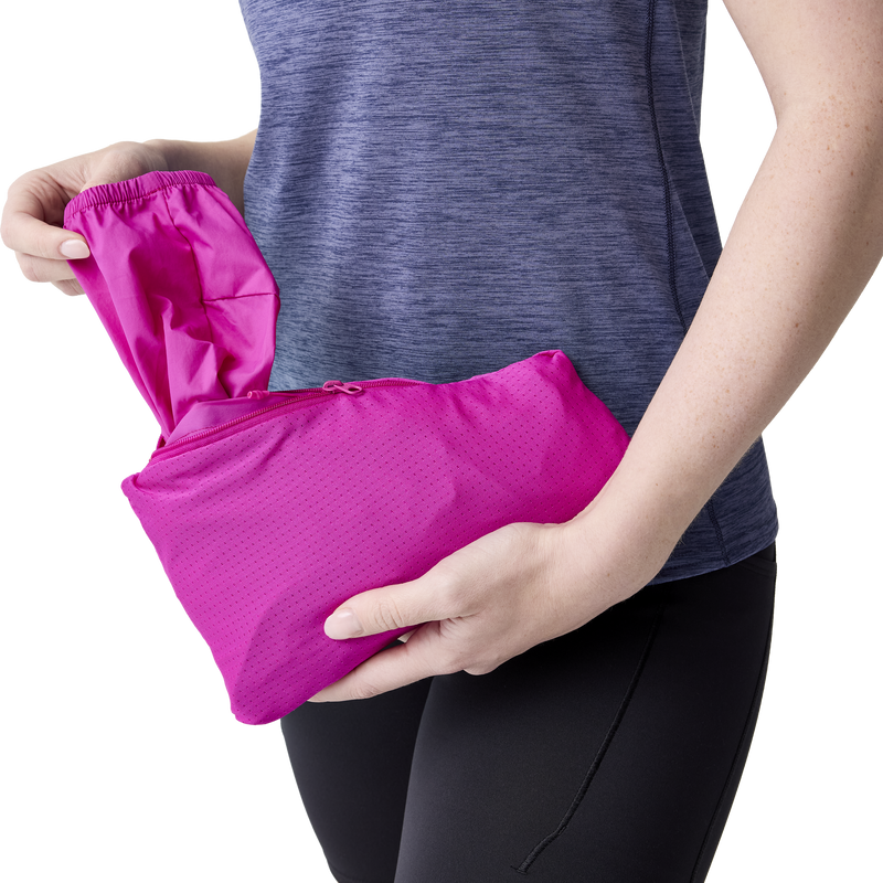 Women's Canopy Packable Jacket, Brooks Women's Canopy Packable Jacket in 588-Magenta in pocket stuff sack