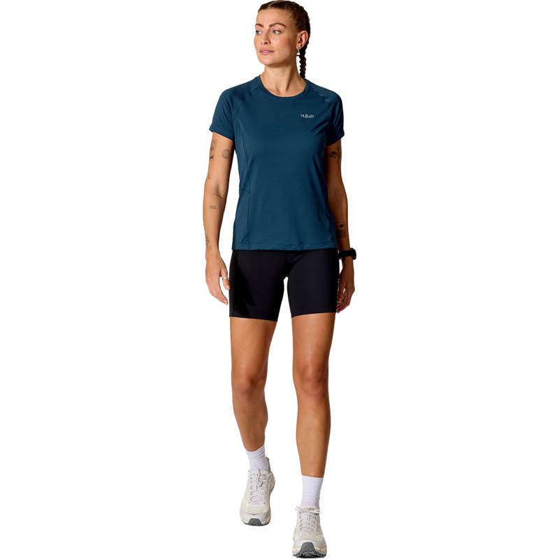 Women's Sonic Tee, Rab Women's Sonic Tee in tempest blue full body on model