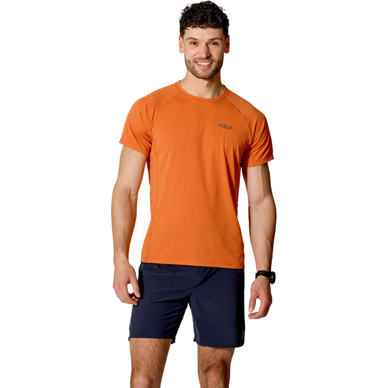 Men's Sonic Tee, Rab Men's Sonic Tee in dark melba on model closer detail