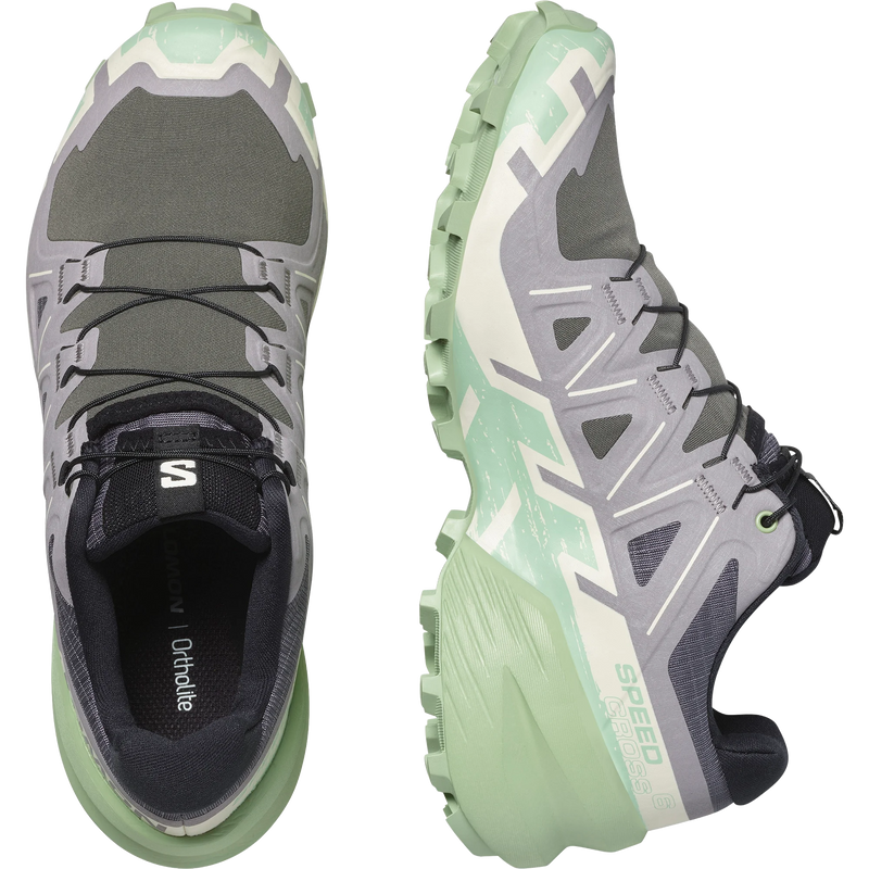 Women's Speedcross 6, Salomon Women's Speedcross 6 in Castlerock/Vanilla Ice pair top and left