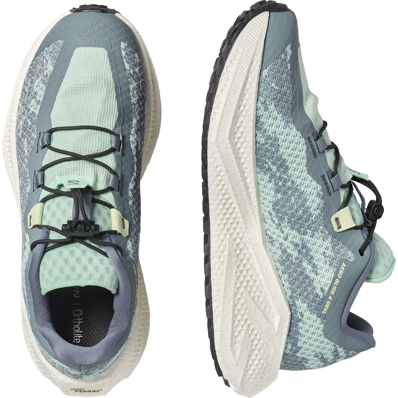 Women's Aero Glide 4 Grvl, Salomon Women's Aero Glide 4 Grvl in Stormy Weather/Lichen pair top and inside profile