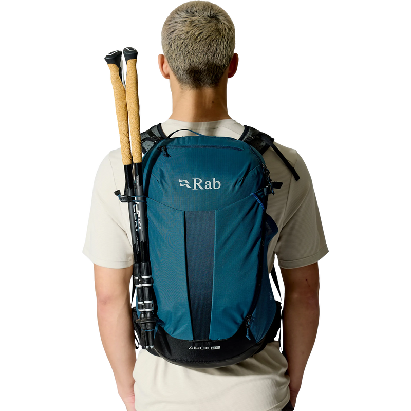 Airox 24, Rab Airox 24 in Tempest Blue on model back with trekking poles
