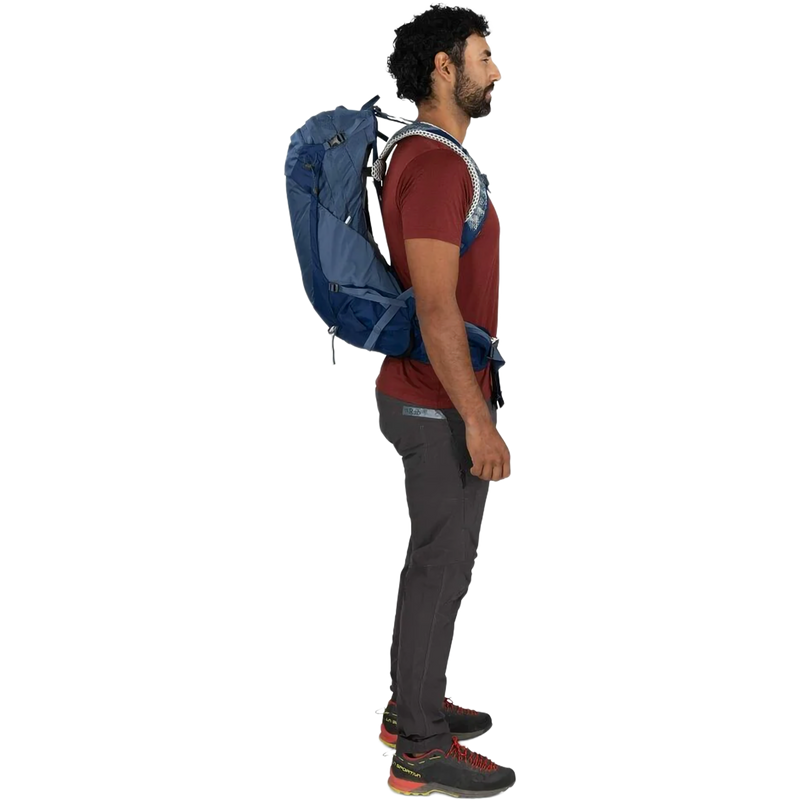 Stratos 24, Osprey Stratos 24 in Nirvana Blue on model right