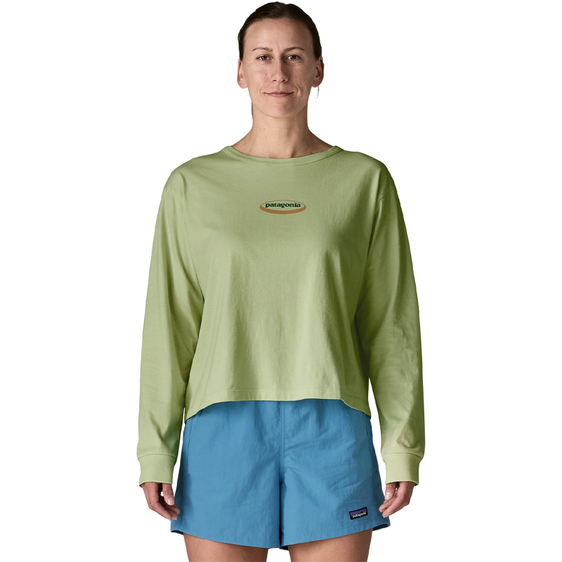 Women's Long-Sleeved '95 Oval Logo Easy-Cut T-Shirt, Patagonia Women's Long-Sleeved '95 Oval Logo Easy-Cut T-Shirt front on model