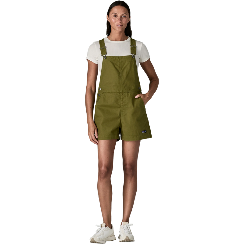 Women's Stand Up Overalls 5", Patagonia Women's Stand Up Overalls 5" in Caper Green full body on model