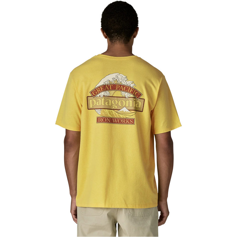 Men's Great Waves Responsibili-Tee, Patagonia Men's Great Waves Responsibili-Tee in Lemon Zest back view on model