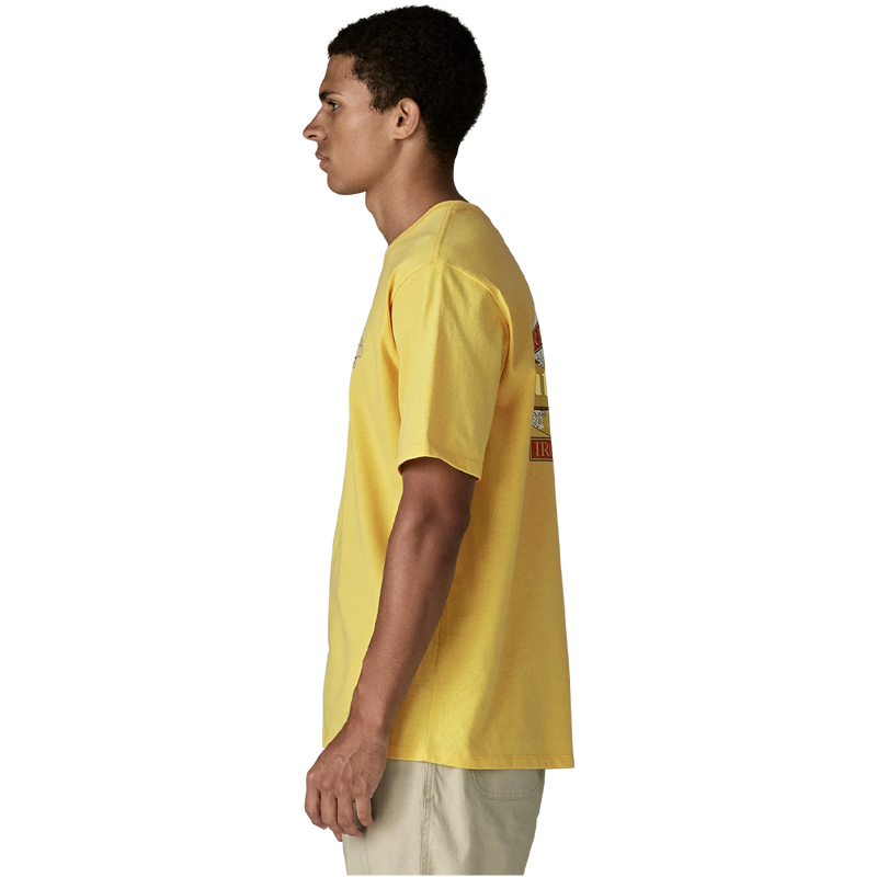 Men's Great Waves Responsibili-Tee, Patagonia Men's Great Waves Responsibili-Tee in Lemon Zest side view on model