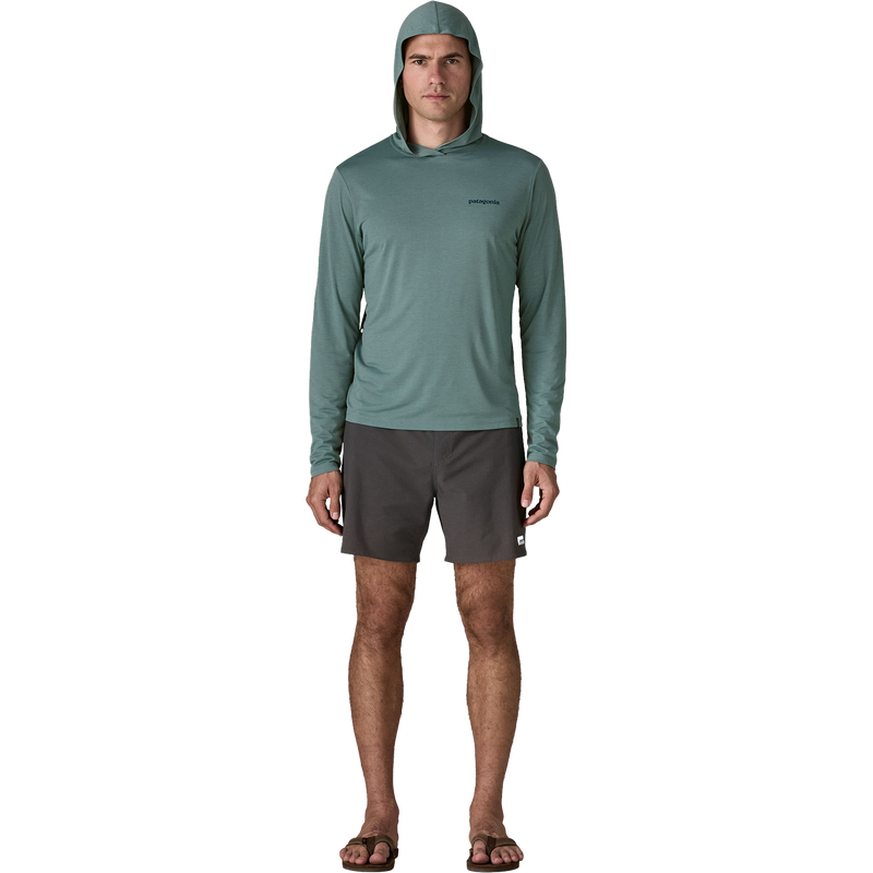 Men's Capilene Cool Daily Graphic Hoody, Patagonia Men's Capilene Cool Daily Graphic Hoody with Hood on model
