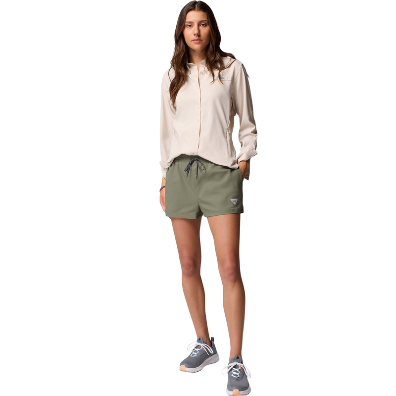 Woman's Tamiami II Long Sleeve Shirt, Columbia Women's Tamiami II LS Shirt in Dark Stone full body view on model
