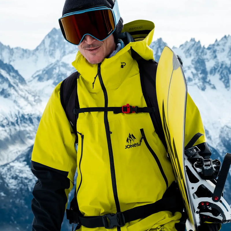 Men's Shralpinist Gore-Tex Recycled 3L Jacket, Jones Snowoard Shralpinist Gore-Tex Recycled 3L Jacket in Lime Green on model front action