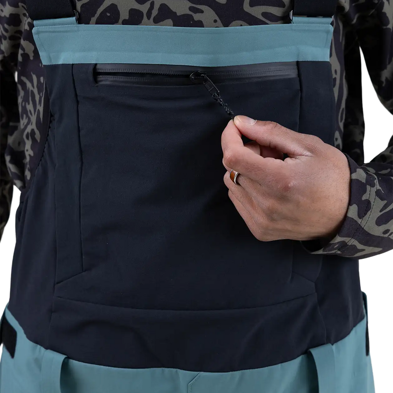 Men's Shralpinist Stretch Recycled Bib, Jones Snowboards Men's Shralpinist Stretch Recycled Bib in Stealth Black front pocket