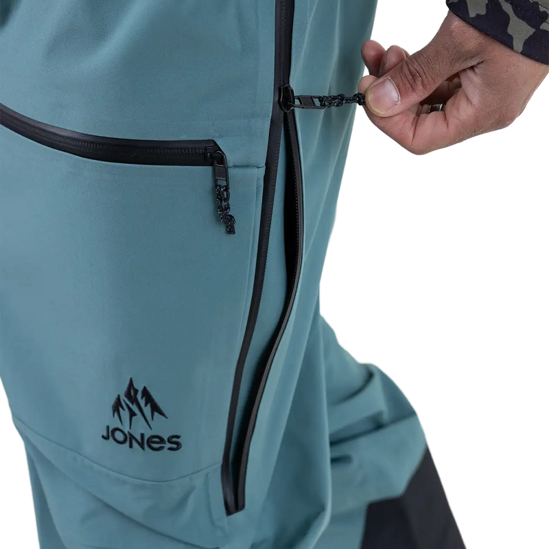 Men's Shralpinist Stretch Recycled Bib, Jones Snowboards Men's Shralpinist Stretch Recycled Bib left leg vent zipper