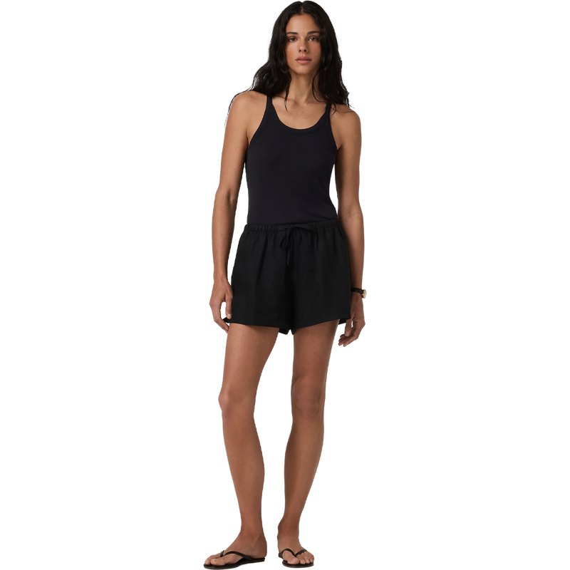 Women's Trestles Twill Tie Short, Women's Vuori Trestles Twill Tie Short in black full body view on model