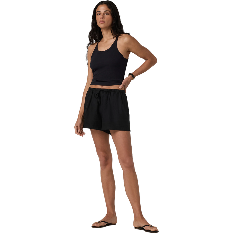 Women's Trestles Twill Tie Short, Women's Vuori Trestles Twill Tie Short in black angled view on model