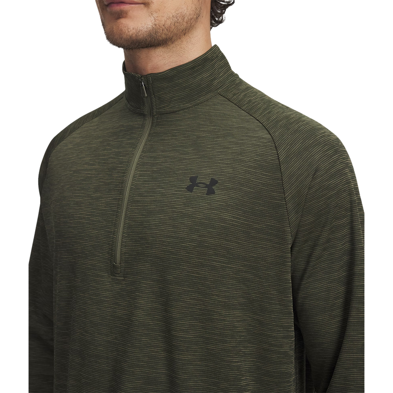 Men's UA Tech Textured 1/2 Zip, UA Tech Textured 1/2 Zip in Marine OD Green close up view with logo detail