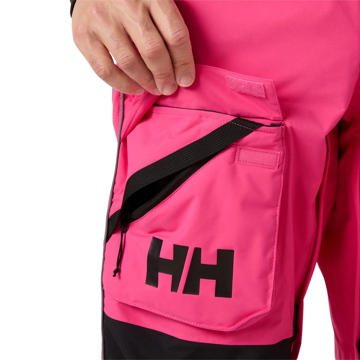 Helly Hansen Ullr D Shell Bib Pant in Hot Pink pocket and zipper detail