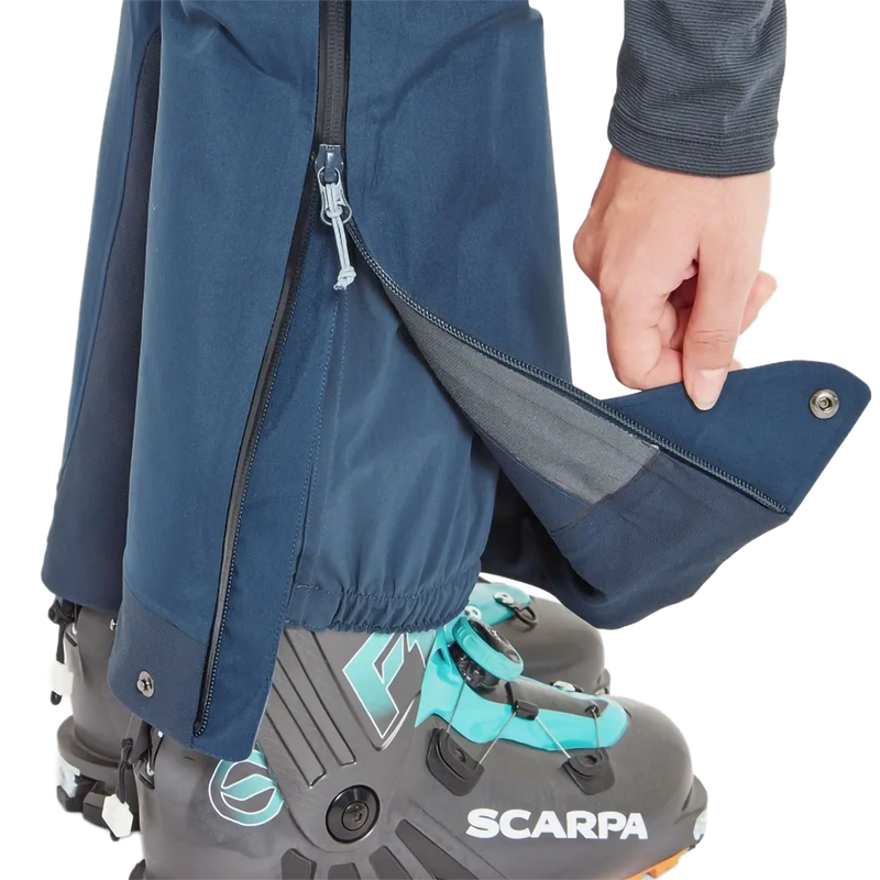 Women's Khroma Converge Gore-Tex Pants, Rab Women's Khroma Converge Gore-Tex Pants in Tempest Blue cuff unzipped and powder skirt