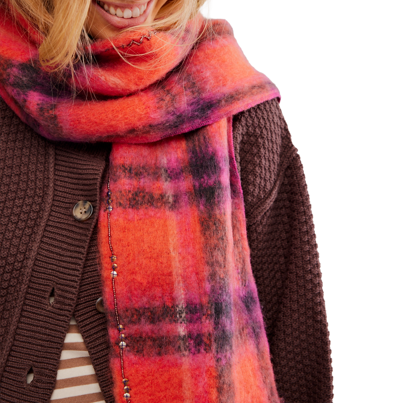Women's Highland Plaid Skinny Scarf, Free People Women's Highland Plaid Skinny Scarf in 6024 Pink Combo on model