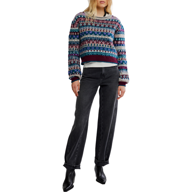 Women's Favorite Things Sweater, Free People Women's Favorite Things Sweater in 4010-Frosted Wine Combo front full length