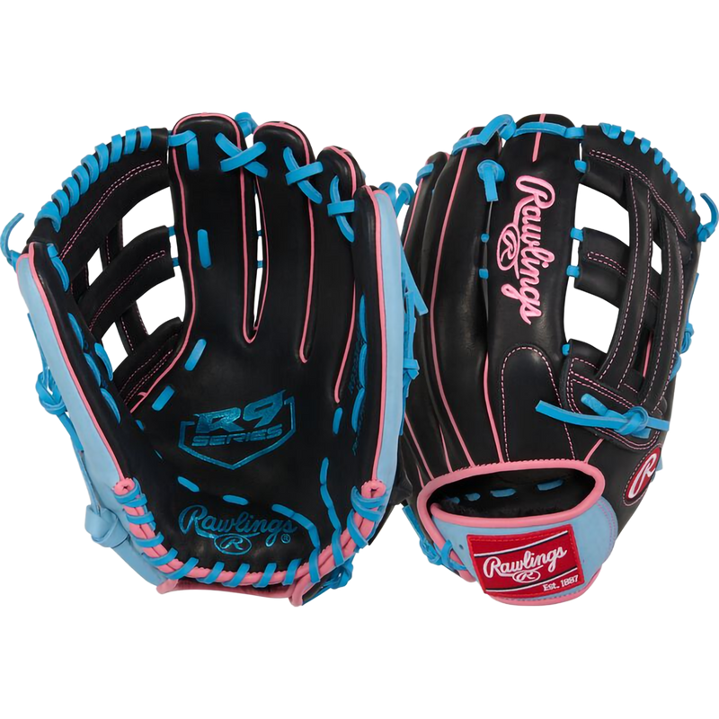 R9 12.75" Pro H-Web Left Hand Throw, Rawlings R9 12.75" Pro H-Web in Black/Columbia Blue front and back