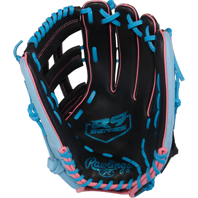 R9 12.75" Pro H-Web Left Hand Throw, Rawlings R9 12.75" Pro H-Web in Black/Columbia Blue palm