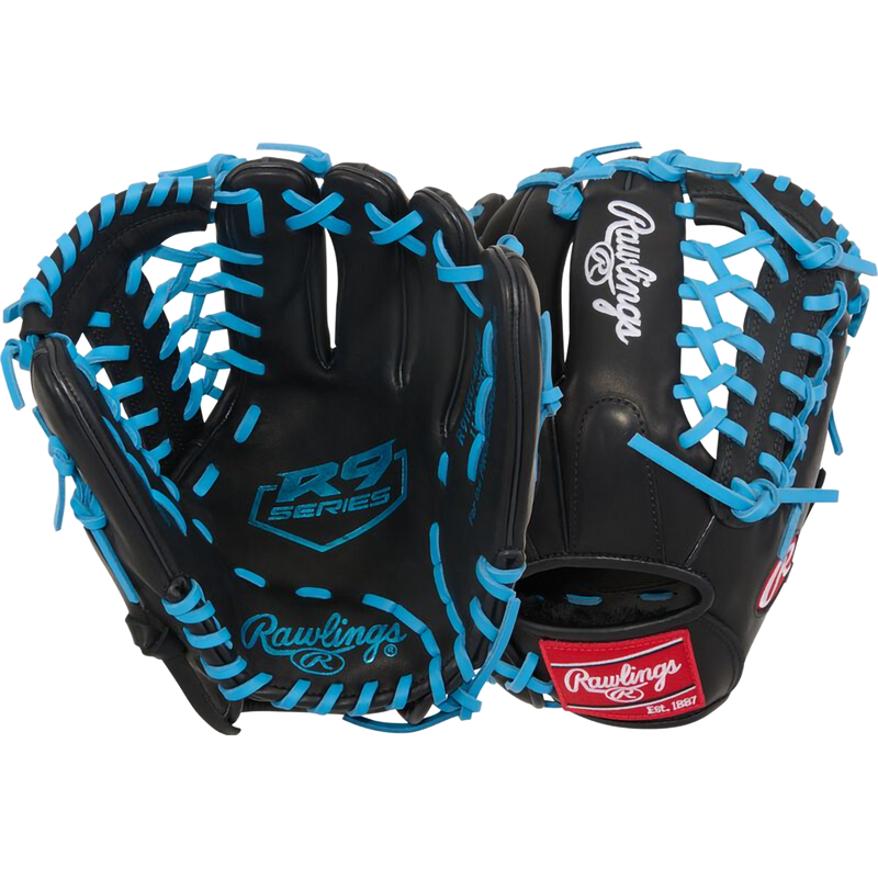 R9 ContourFit - 11.5" Trap-Eze Web Left Hand Throw, Rawlings R9 ContourFit - 11.5" Trap-Eze Web Left Hand Throw in Black/Columbia Blue front and back