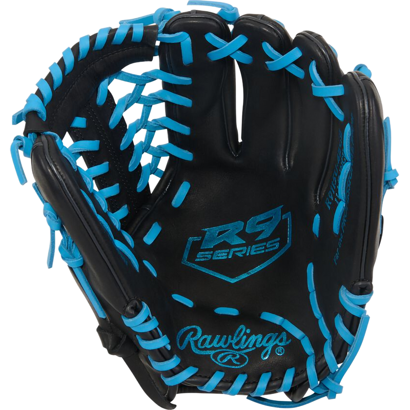 R9 ContourFit - 11.5" Trap-Eze Web Left Hand Throw, Rawlings R9 ContourFit - 11.5" Trap-Eze Web Left Hand Throw in Black/Columbia Blue palm