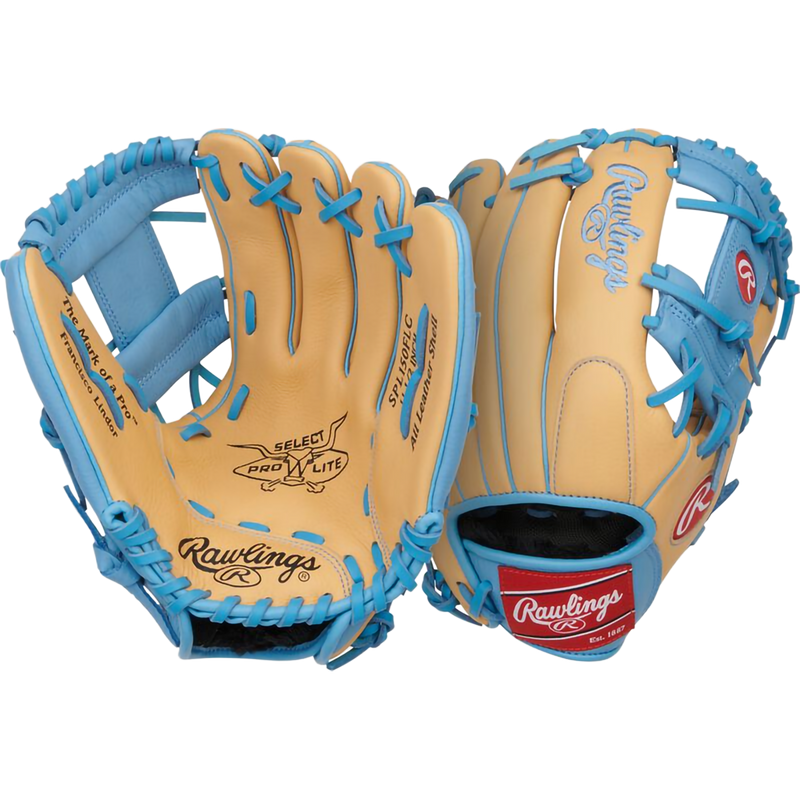 Youth Select Pro Lite Lindor 11.5" I-Web, Rawlings Youth Select Pro Lite Lindor 11.5" I-Web in Camel/Columbia Blue front and back