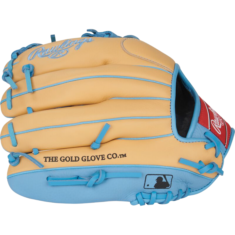 Youth Select Pro Lite Lindor 11.5" I-Web, Rawlings Youth Select Pro Lite Lindor 11.5" I-Web in Camel/Columbia Blue outside profile small finger