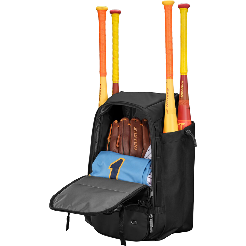 Walk-Off Ethos Backpack, Easton Sports Walk-Off Ethos Backpack in Black with bats and glove