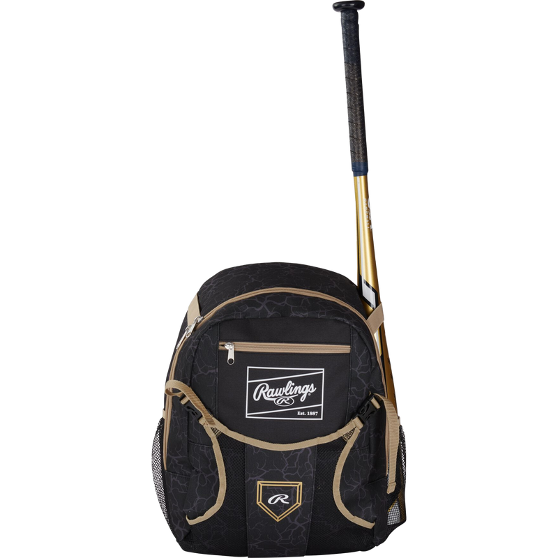 TBall Backpack, Rawlings TBall Backpack in Black front with bat