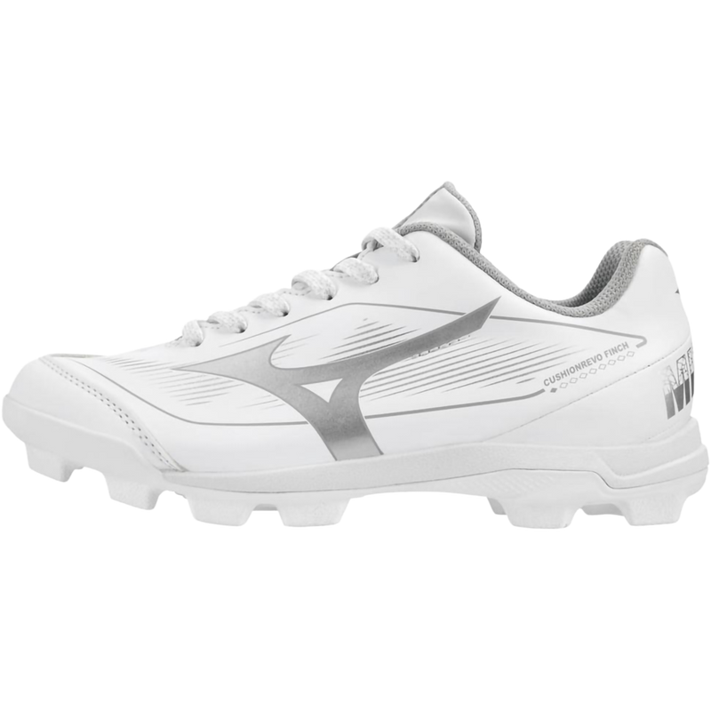 Youth CushionRevo Finch JR softball cleat, Mizuno Youth CushionRevo Finch JR softball cleat in White/Silver right inside profile
