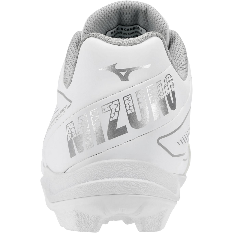 Youth CushionRevo Finch JR softball cleat, Mizuno Youth CushionRevo Finch JR softball cleat in White/Silver back of heel