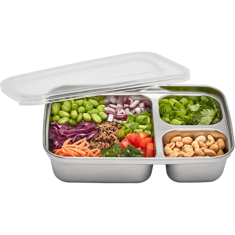 3-Compartment Divided Rectangle 24oz, U-Konserve 3-Compartment Divided Rectangle 24oz in clear side with food and top