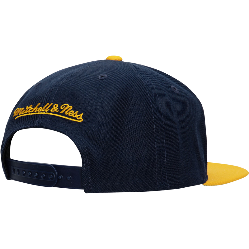 Warriors Team 2 Tone 2.0 Snapback Hardwood Classics, Mitchell and Ness Warriors Team 2 Tone 2.0 Snapback Hardwood Classics in Navy Gold with snapback detail