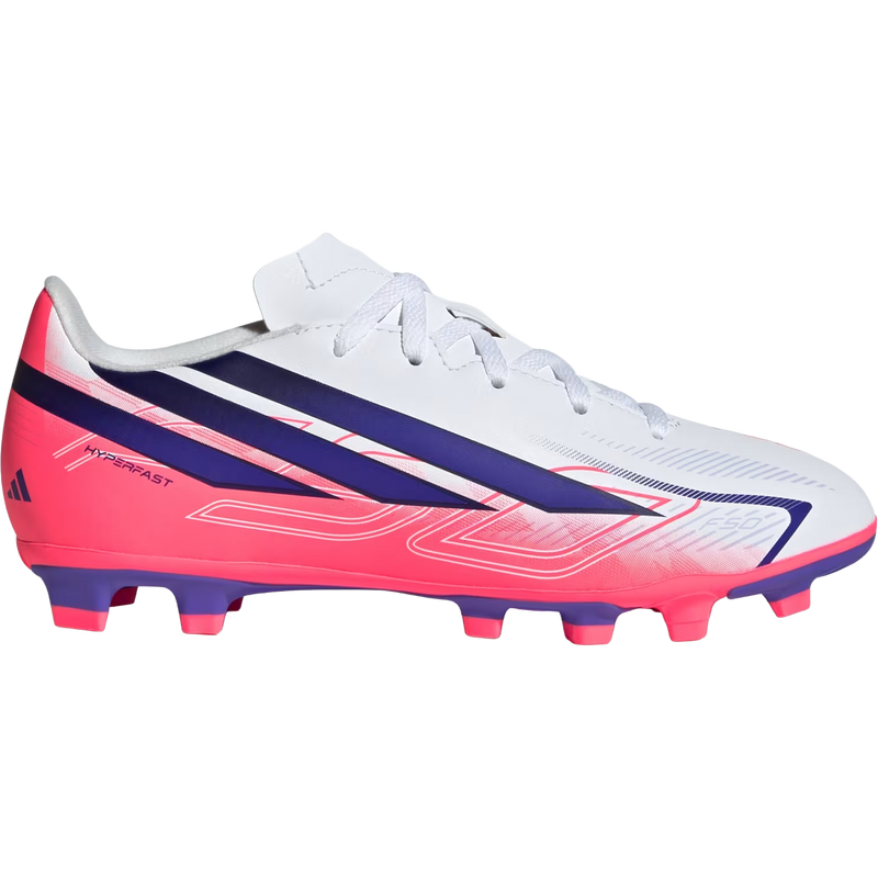 Adidas Youth F50 HYPERFAST CLUB Firm Ground / Multi Ground in Cloud White/Solar Purple/Solar Turbo right proifle