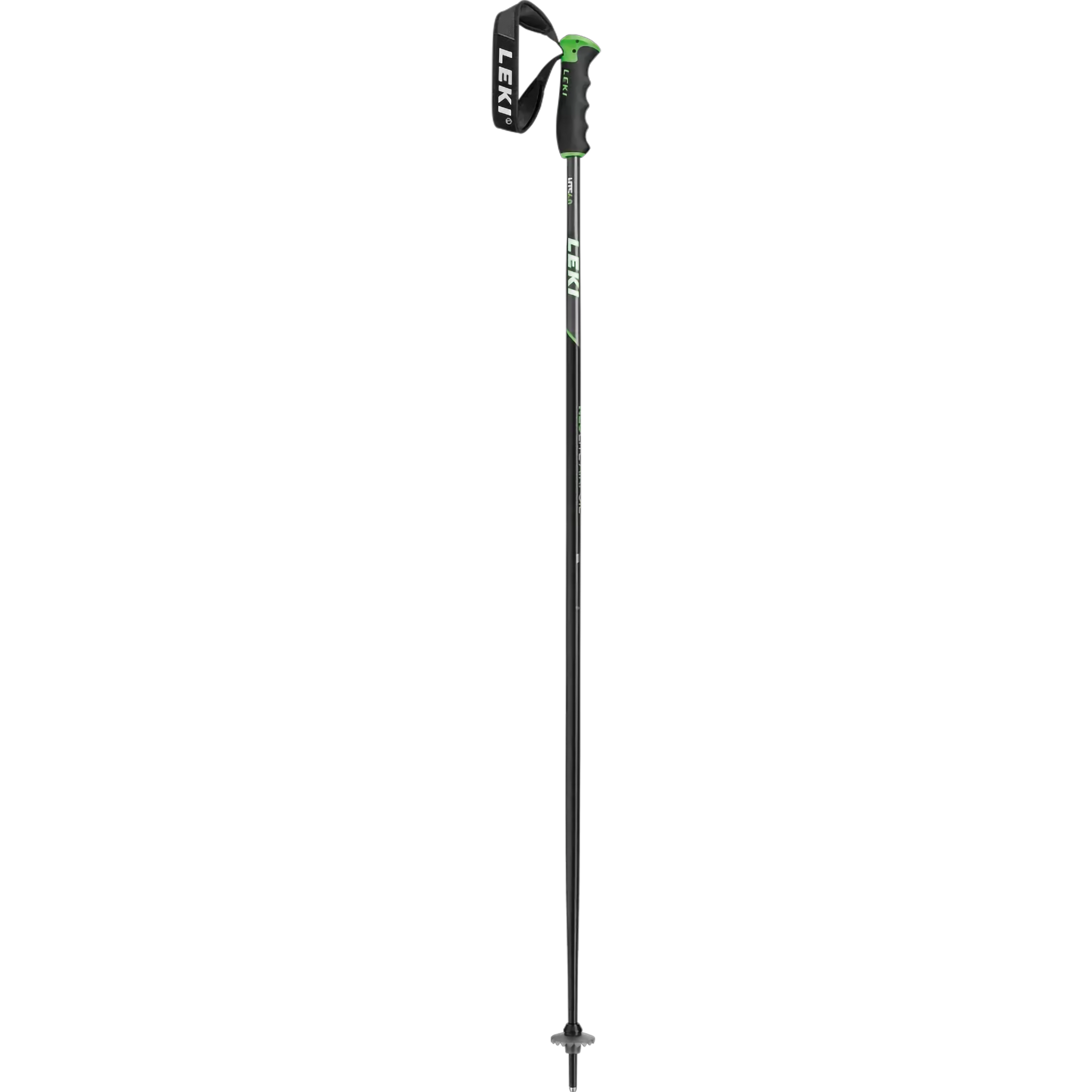 A single LEKI ski pole shown vertically against a solid white background. The pole is primarily black with green accents on the top handle, the grip, and the shaft, along with white LEKI branding.