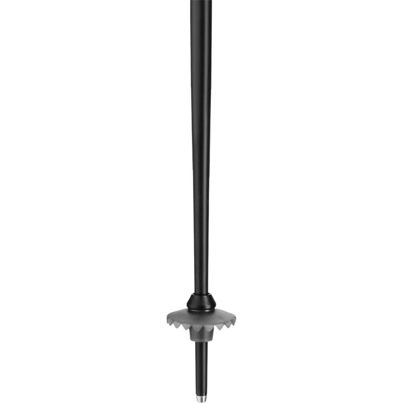 A close-up of a single trekking pole tip section against a solid white background, showing the black metal shaft, gray rubberized tread, and silver metal tip.